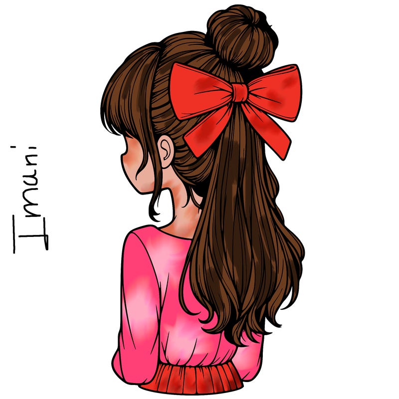 realistic girl  with hip length hair a bun and a big bow on the back of head