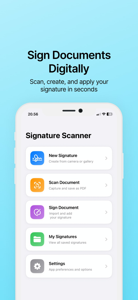 Signature Scanner ◦ eDocument - Signature Scanner app interface showing options to sign documents digitally