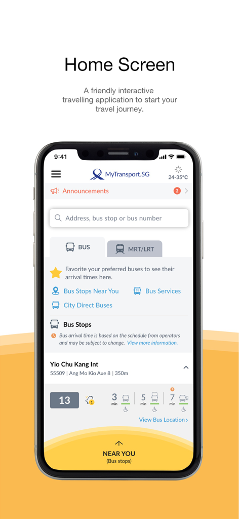 MyTransport SG App-Startbildschirm mit Echtzeit-Busankunftszeiten und Verkehrsrouten in Singapur