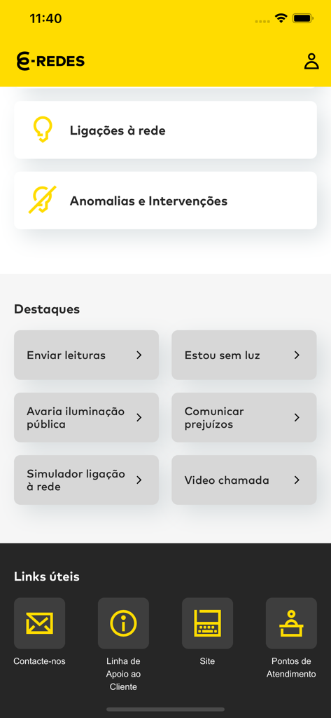E-REDES Digital - Main menu of the E-REDES Digital app showing utility service options like meter readings and power outage reporting