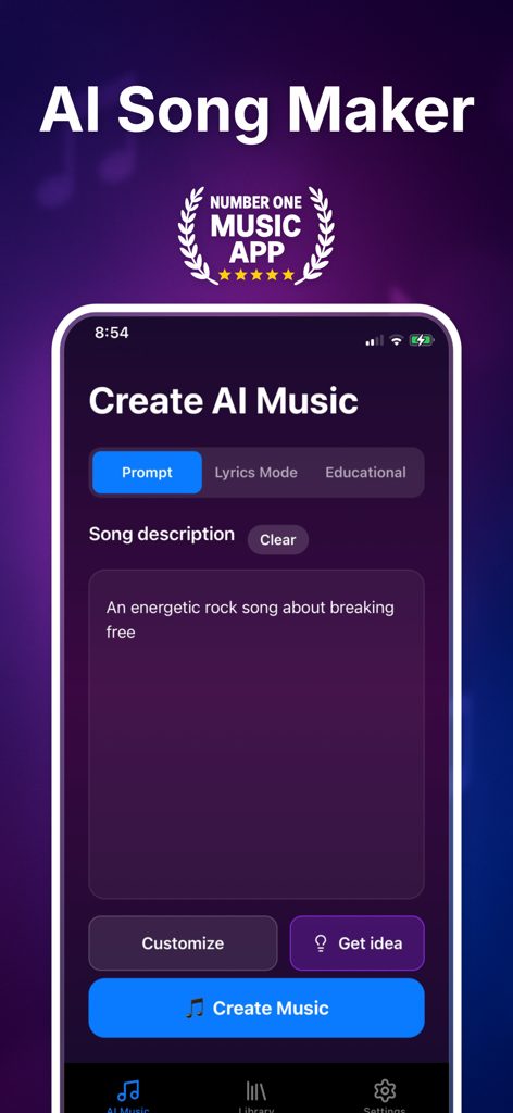 Ai Music Maker - Soneva - Soneva app interface showing the create AI music screen with a song description prompt