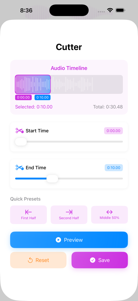 Convert Video to MP3: VidoTune - VidoTuneアプリのインターフェース。オーディオカッターツールと、開始・終了時間スライダー、波形タイムラインが表示されています。