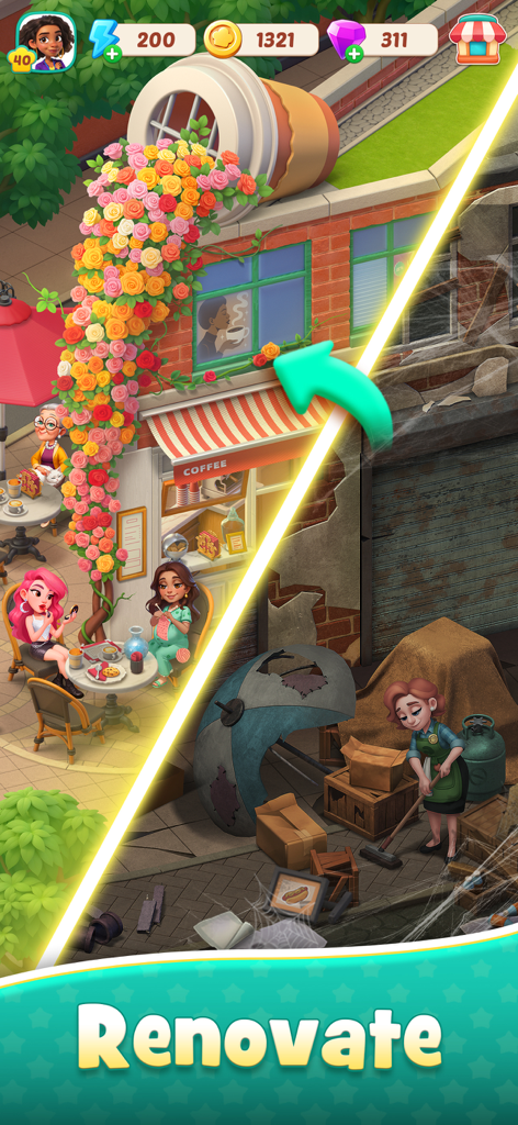 Foodstars: Merge & Cook - Before and after transformation of a run down building into a beautiful floral cafe with customers