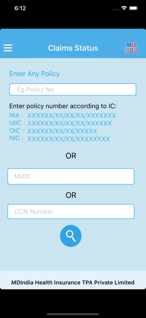 MDIndia – Hawk - Claims Status screen of the MDIndia Hawk app featuring search fields for policy number MDID and CCN number