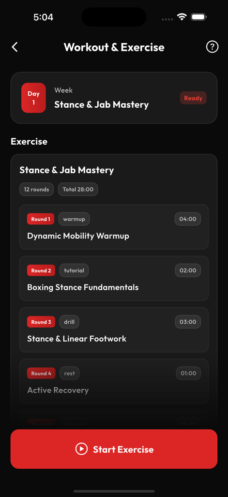 Pantalla de entrenamiento de la aplicación JAB AI que muestra una serie de rondas de ejercicios de boxeo, incluyendo calentamiento de movilidad y fundamentos de postura