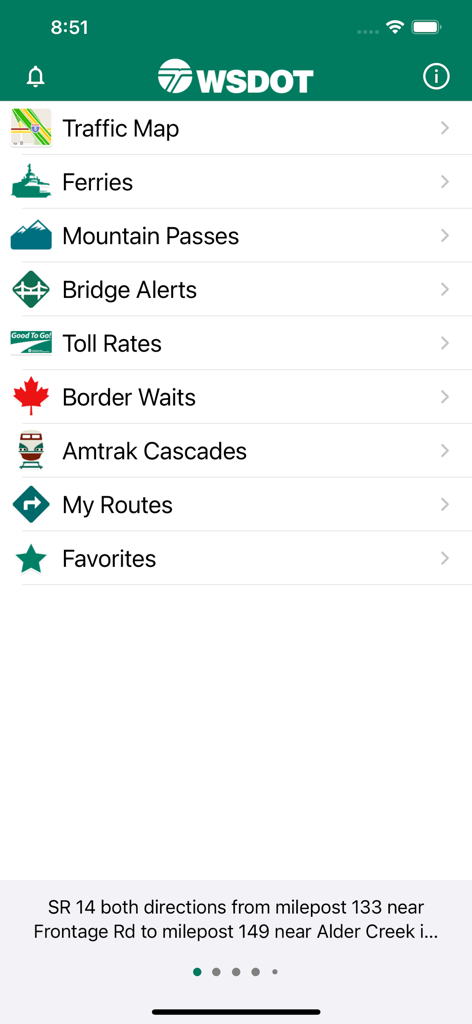 WSDOTアプリのホーム画面。交通、フェリー、マウンテンパスなどの旅行情報オプションが表示されています。