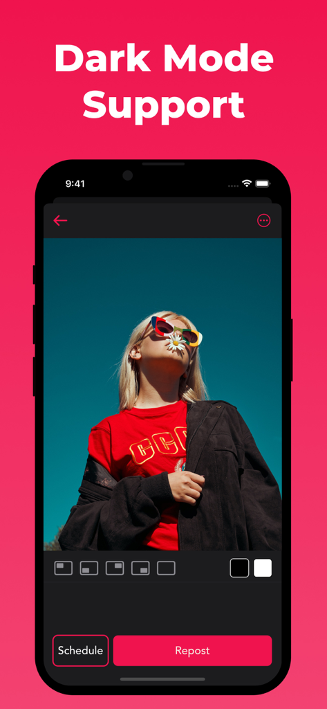 A mobile screen showing the dark mode interface of the Repost app with a photo editing view and repost buttons