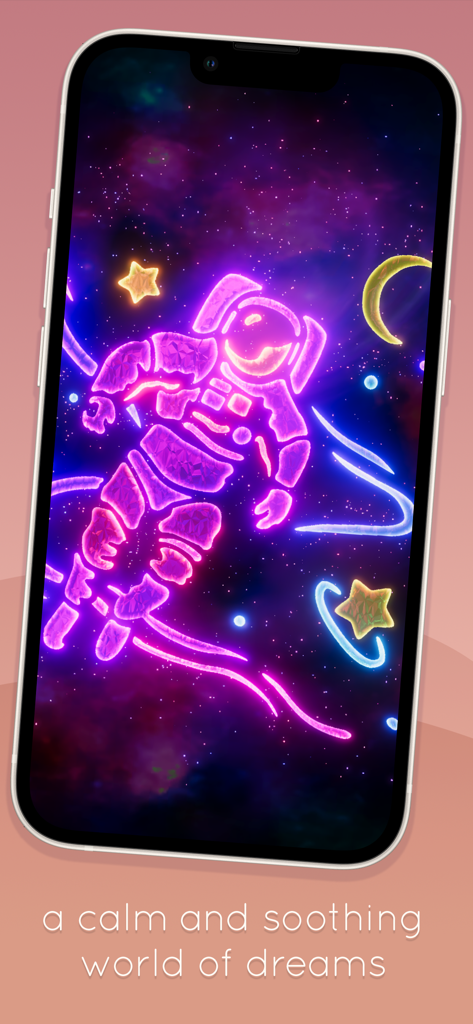 Dream Hopper - A neon pink astronaut floating in a colorful space dreamscape on a mobile screen.