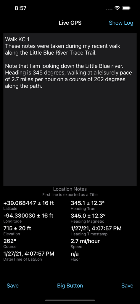 Log GPS - Log GPS App-Oberfläche mit Live-Koordinaten, Geschwindigkeit und Ortsnotizen