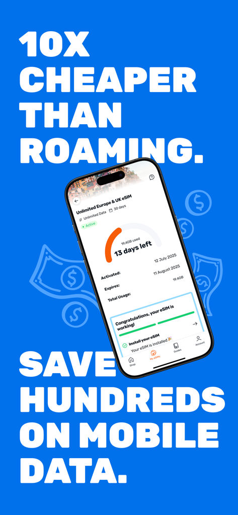 Simify eSIMs: Travel Connected - Interface de l'application Simify montrant un forfait eSIM européen actif avec un texte soulignant les économies par rapport à l'itinérance traditionnelle