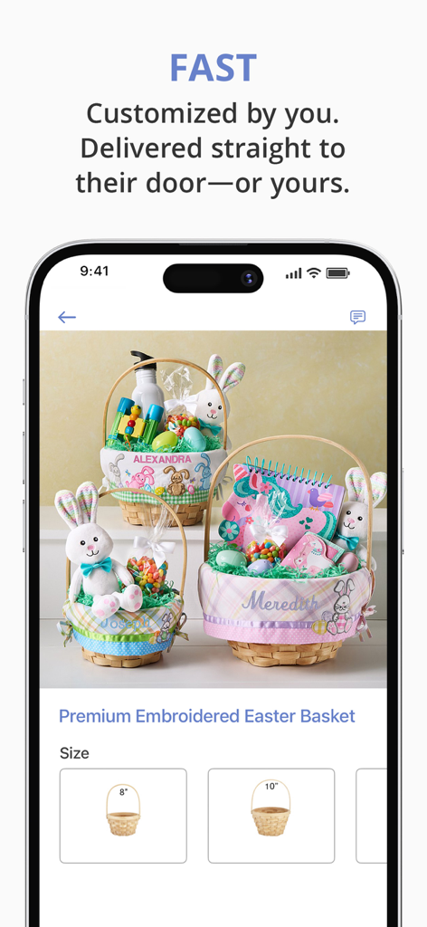 Personalisierte bestickte Osterkörbchen mit Namen auf dem Bildschirm der FreePrints Gifts App.