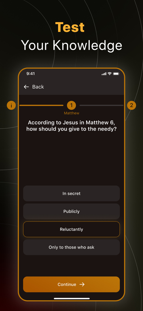 Mobile app screen showing a Bible quiz question about giving to the needy with multiple choice options.