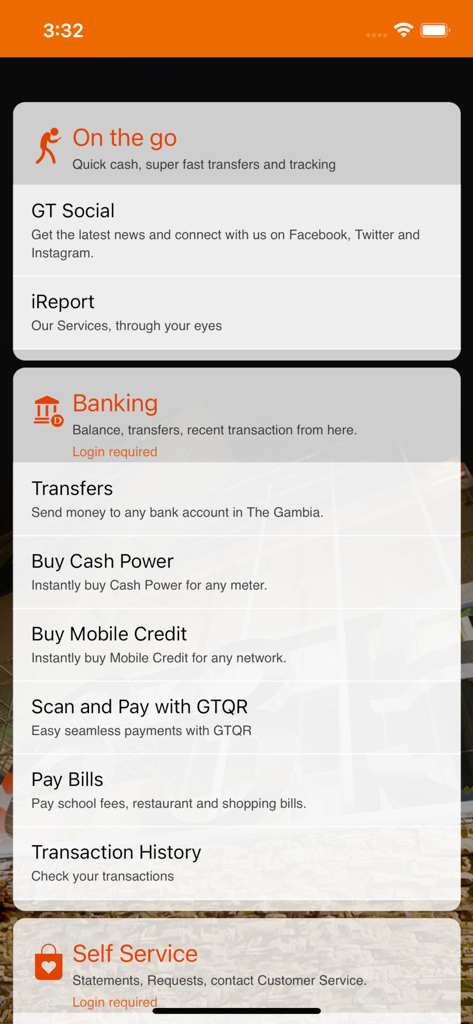 GTWorld Gambia - GTWorld Gambia mobile app main menu showing banking features including transfers and utility bill payments.