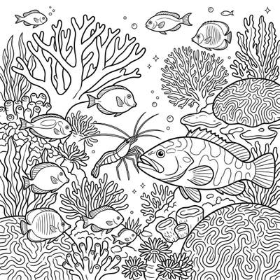 Delve into the wonders of the ocean with this captivating full scene coloring page, showcasing a bustling coral reef teeming with life. Spot the diligent cleaner shrimp amidst a variety of fish and intricate marine flora, ready for your artistic interpretation.