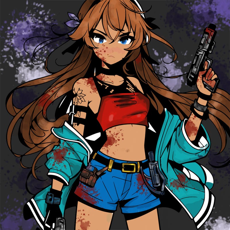 bad girl wearing crop top holding a gun long hair anime