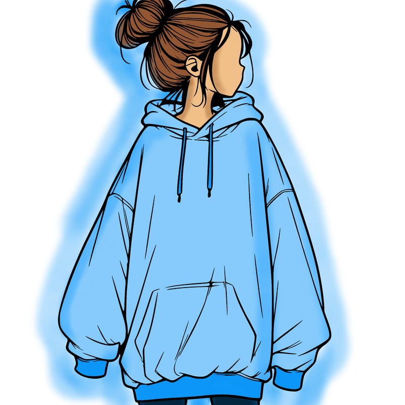 realistic girl with a oversized sweatshirt on and a bun