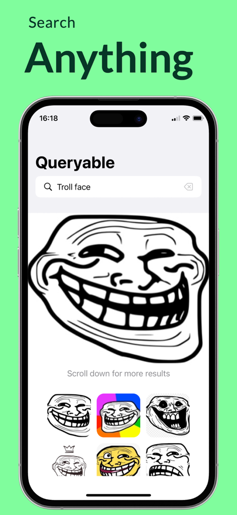 Troll face에 대한 사진 검색 결과를 보여주는 iPhone의 Queryable 앱 인터페이스
