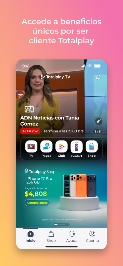 Totalplay - Totalplay app home screen showing live TV streaming, service management icons like payments and remote control, and a shopping section for mobile devices.