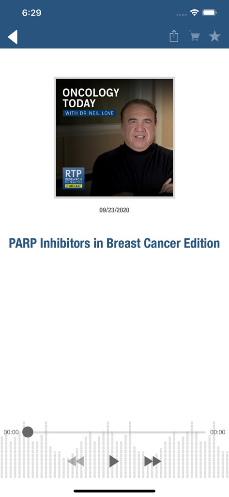 Audio-Player-Oberfläche in der Research To Practice App mit einem Podcast über PARP-Inhibitoren bei Brustkrebs mit Dr. Neil Love.