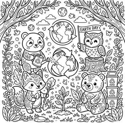 Join a charming panda, fox, bear, and owl as they celebrate Earth Day in this delightful coloring page. Discover elements of nature protection and recycling woven into a fun, educational scene, perfect for young artists and adults alike.