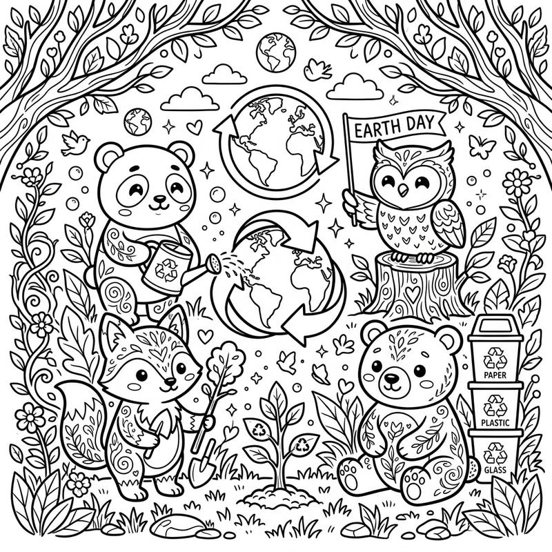 Join a charming panda, fox, bear, and owl as they celebrate Earth Day in this delightful coloring page. Discover elements of nature protection and recycling woven into a fun, educational scene, perfect for young artists and adults alike.