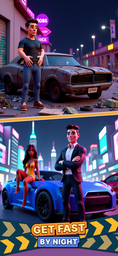 Une image divisée montrant le parcours d'un personnage d'une vie modeste avec une voiture rouillée à un homme d'affaires fortuné avec une voiture de sport de luxe bleue dans une ville néon.