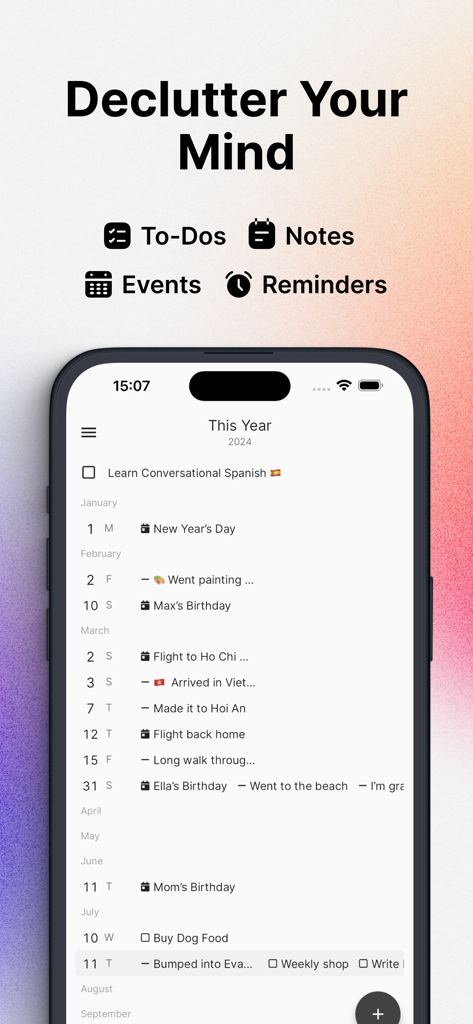 Interfaz de la aplicación Bullet Journal mostrando un planificador anual con tareas pendientes y recordatorios.