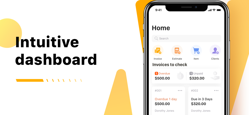 Nova Invoice-PDF Invoice Maker - Nova Invoice app home screen showing an intuitive dashboard with overdue and unpaid invoice tracking.