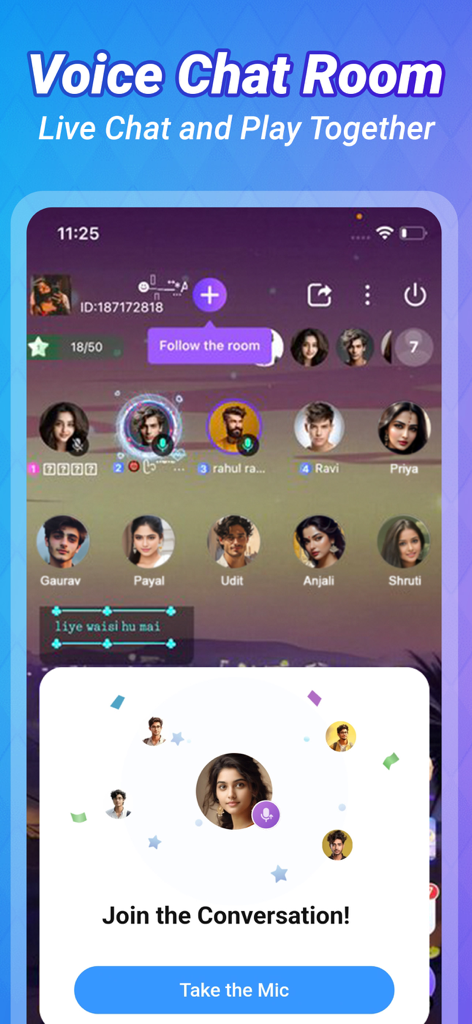 Achat- Live Chat& Make Friends - Achat app interface displaying a live voice chat room with several user profiles and a join the conversation button