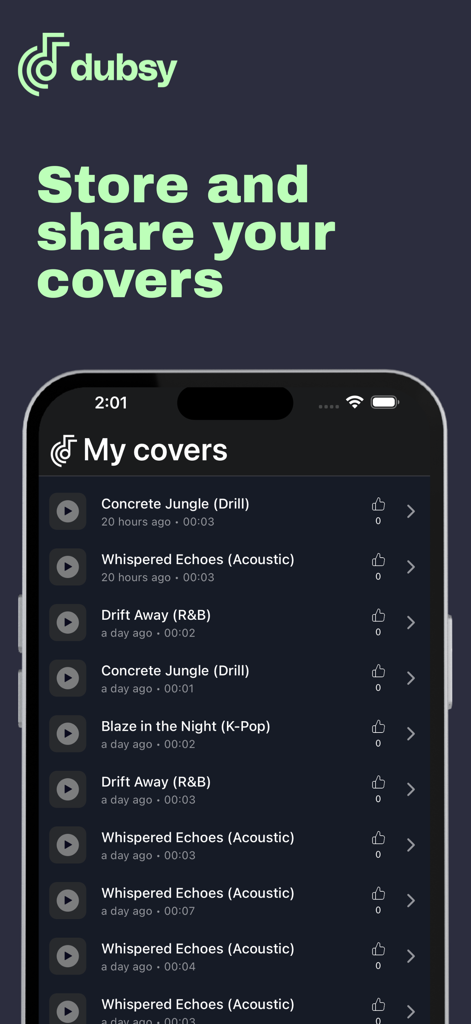 Dubsy - A screen showing a list of recorded music covers in the Dubsy app