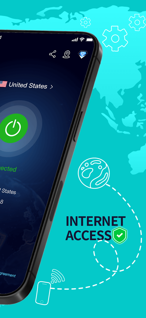 VPN - Super Proxy - Interface of the VPN - Super Proxy app on an iPhone showing a secure internet access status and a one-click connect button