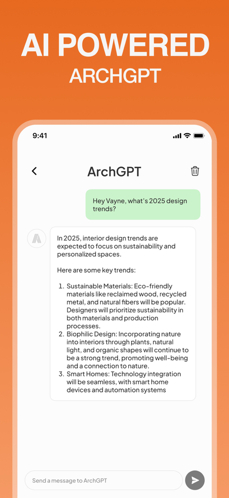 Interior Design: Home Decor AI - Interfaz de chat impulsada por IA explicando las tendencias de diseño de interiores para 2025