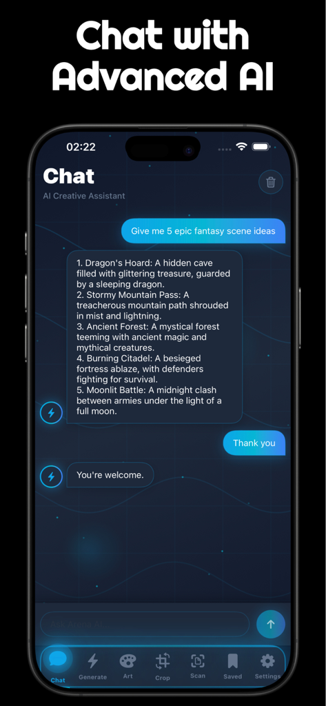 Arena AI Mobile - Arena AI 모바일 채팅 인터페이스를 보여주는 스마트폰 화면으로, AI 비서가 창의적인 판타지 장면 아이디어를 생성하고 있습니다.
