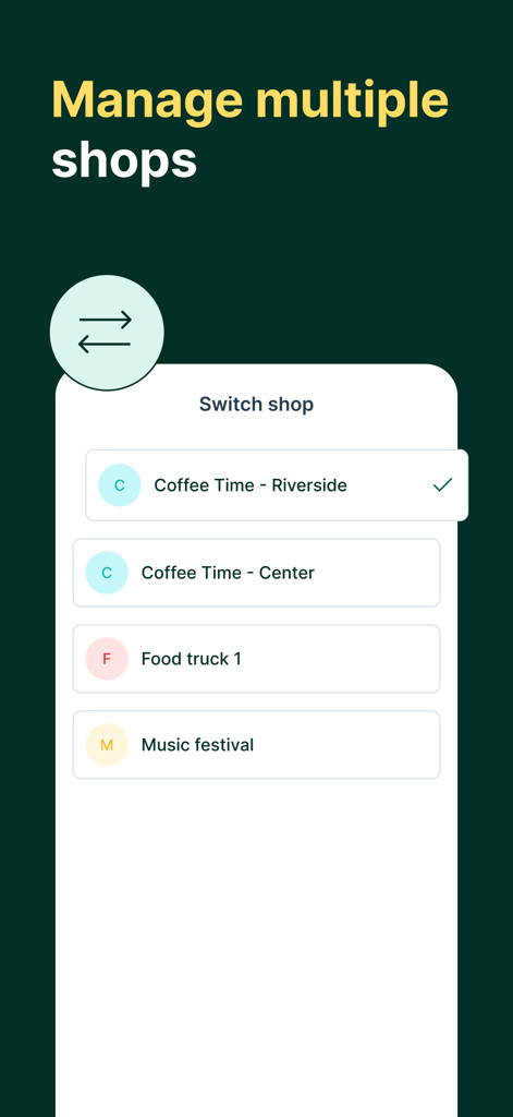 Tunder POS 앱 화면은 여러 관리 매장 위치 간 전환을 위한 것입니다.