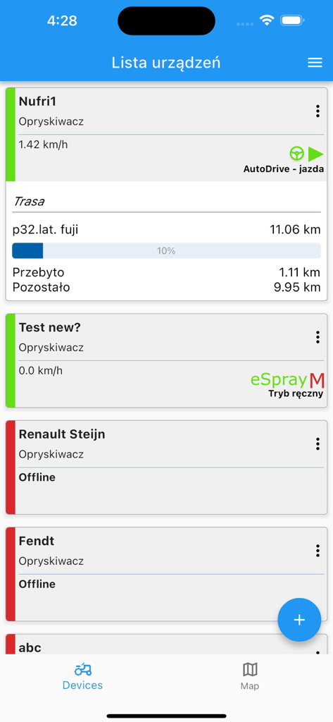 Gotrack App - Gotrack app screen displaying real-time status and progress of autonomous agricultural machines