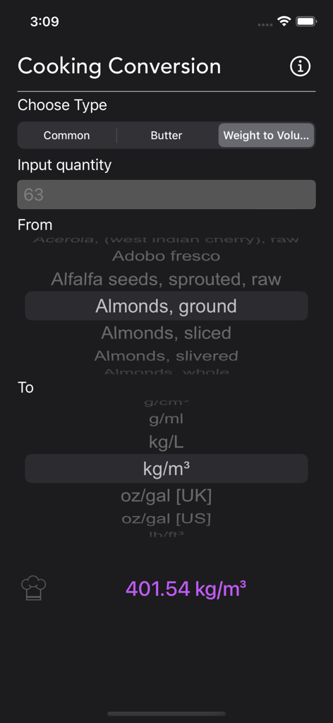 Cooking Conversion - Interface do aplicativo Conversão Culinária exibindo uma conversão de peso para volume para amêndoas moídas
