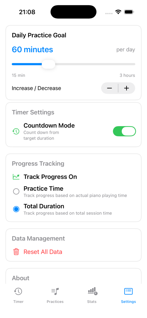 PianoForte: Practice Companion - Pantalla de configuración de la aplicación PianoForte que muestra el objetivo de práctica diario y las opciones de seguimiento del temporizador