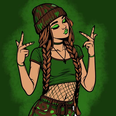 realistic teenage girl with braids and a beanie and crop top doing 🫶🏼