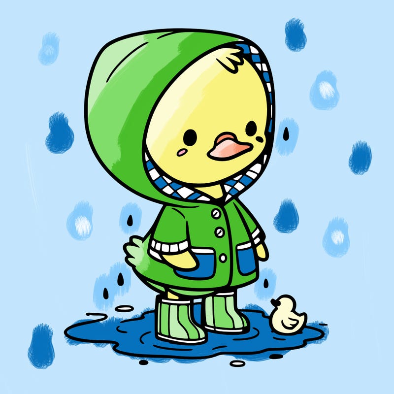 baby duck in a rain coat and boots, in a puddle while it’s raining