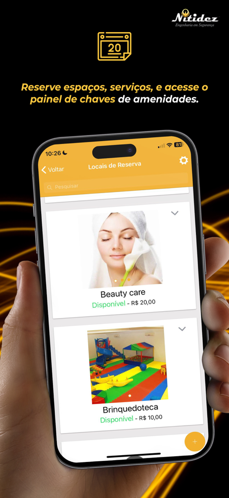 Captura de tela do aplicativo Nitidez mostrando uma lista de áreas comuns disponíveis para reserva, como cuidados de beleza e um playground infantil.