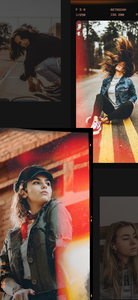 RetroCam: Vintage Film Camera - A collage of portraits featuring vintage film filters, light leaks, and grainy textures