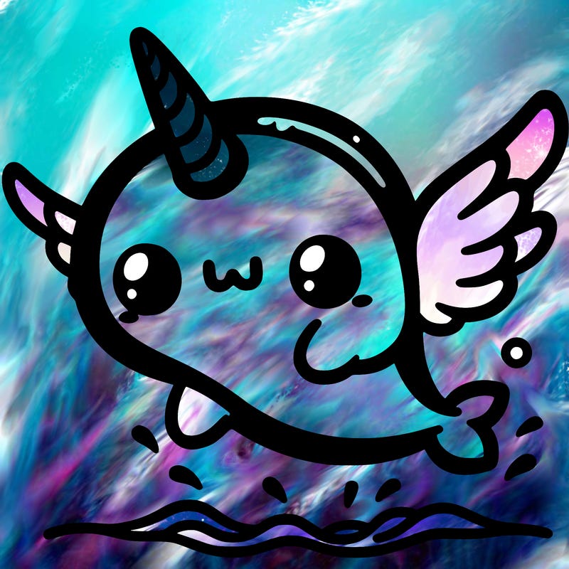 a kawaii narwhal with wings jumping out of the water
