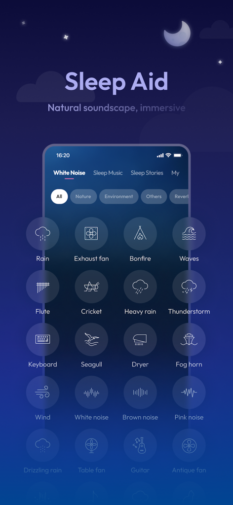 MindSoothe app interface showing a variety of white noise sounds like rain and bonfire for sleep aid