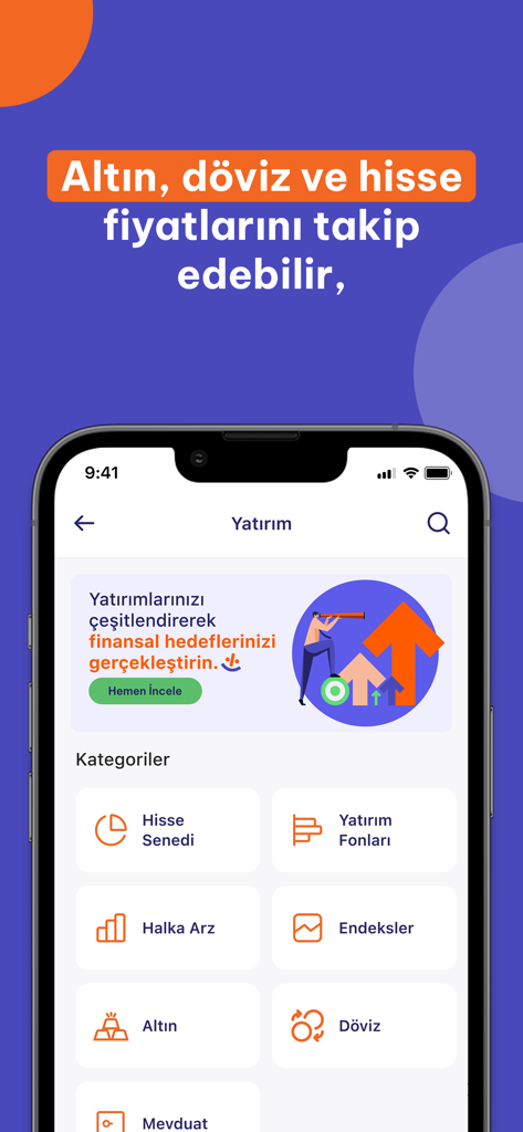 HangiKredi - Finansal Asistan - Mobile app interface of HangiKredi showing investment categories including stocks gold and currency tracking