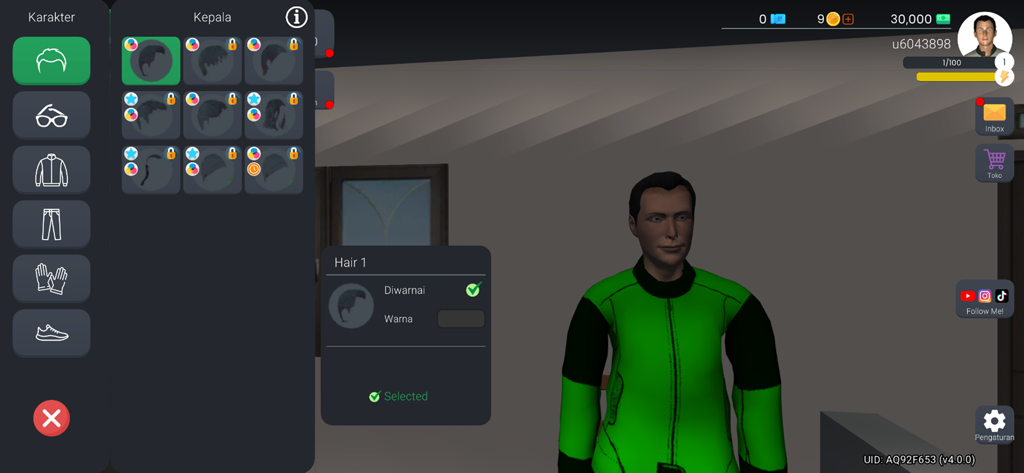 Ojol The Game - Schermata di personalizzazione del personaggio in Ojol The Game che mostra un avatar di pilota con una giacca da consegna verde.