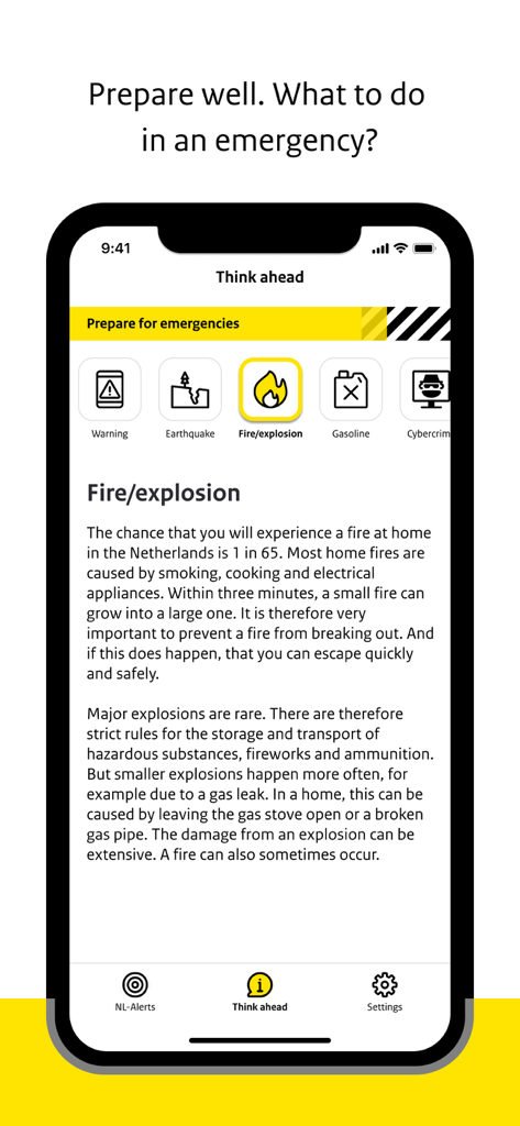 NL-Alert App-Bildschirm mit Notfall-Sicherheitsinformationen für Brand und Explosionen.