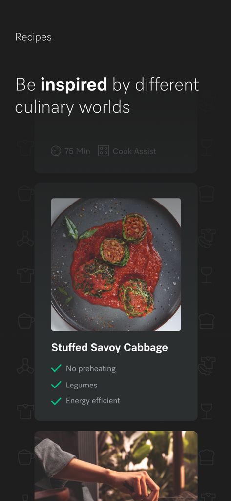 Miele app recipes section featuring stuffed savoy cabbage with energy efficient cooking tips