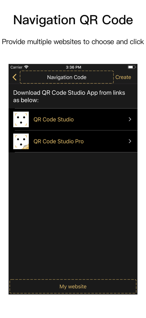 QR Code Studio Pro-QR Scanner - Screenshot of the Navigation QR Code feature in QR Code Studio Pro showing multiple website link options.