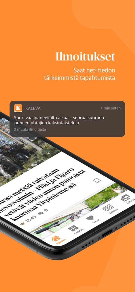 Kaleva - スマートフォンのフィンランド語ニュース通知を表示するKalevaアプリの通知画面