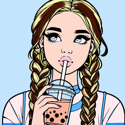 realistic girl with braided hair drinking boba